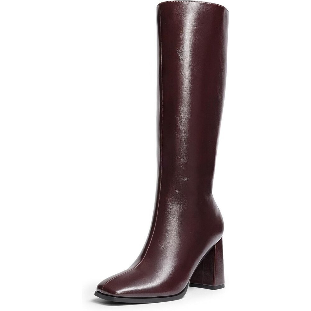 Women's Burgundy DREAM PAIRS Knee-High Boots Square Gogo Chunky Heel Side Zip